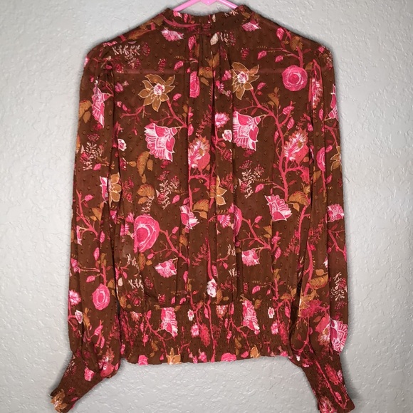 JOIE Pink And Brown Floral Polyester Smocked cuffs/Hem Blouse - Picture 7 of 8